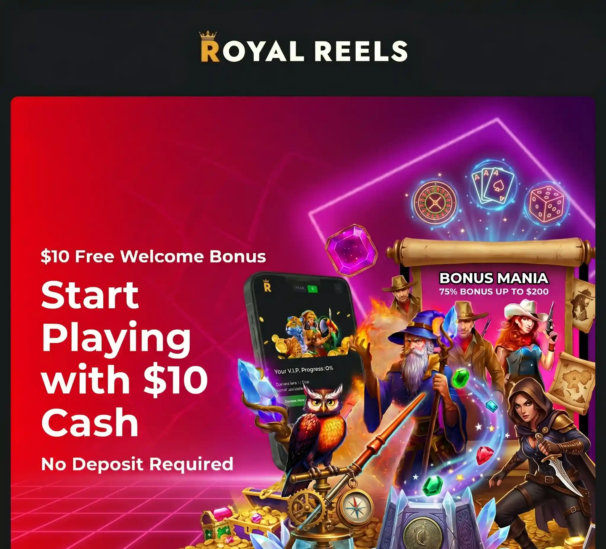Royal Reels $10 no deposit bonus
